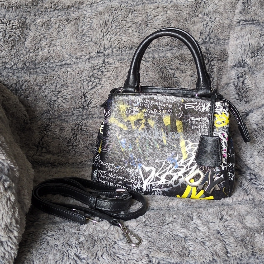 DKNY Paige small satchel crossbody handbag with a graffiti print. - Picture 2 of 7